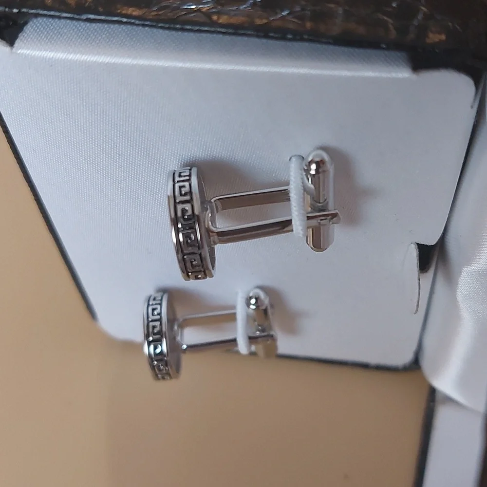 Saddlebred Greek Key Pattern Black Enameled Silver Tone Cuff Links